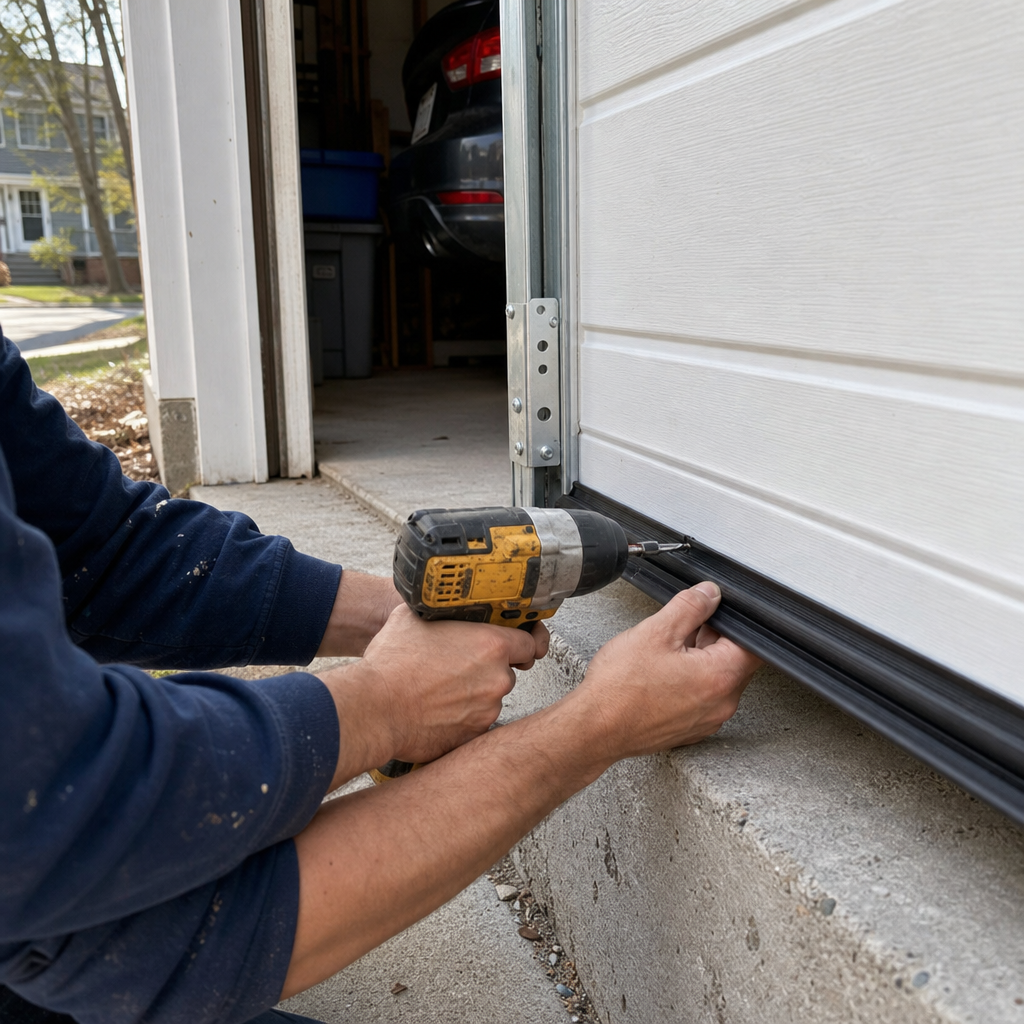 Technician installing garage door weather stripping with a power drill.