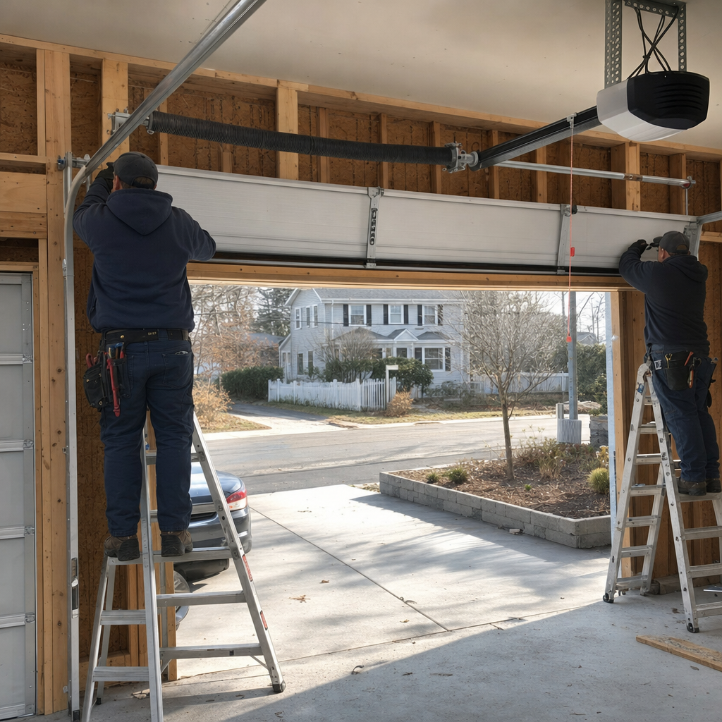 Two technicians installing a new garage door in a residential home