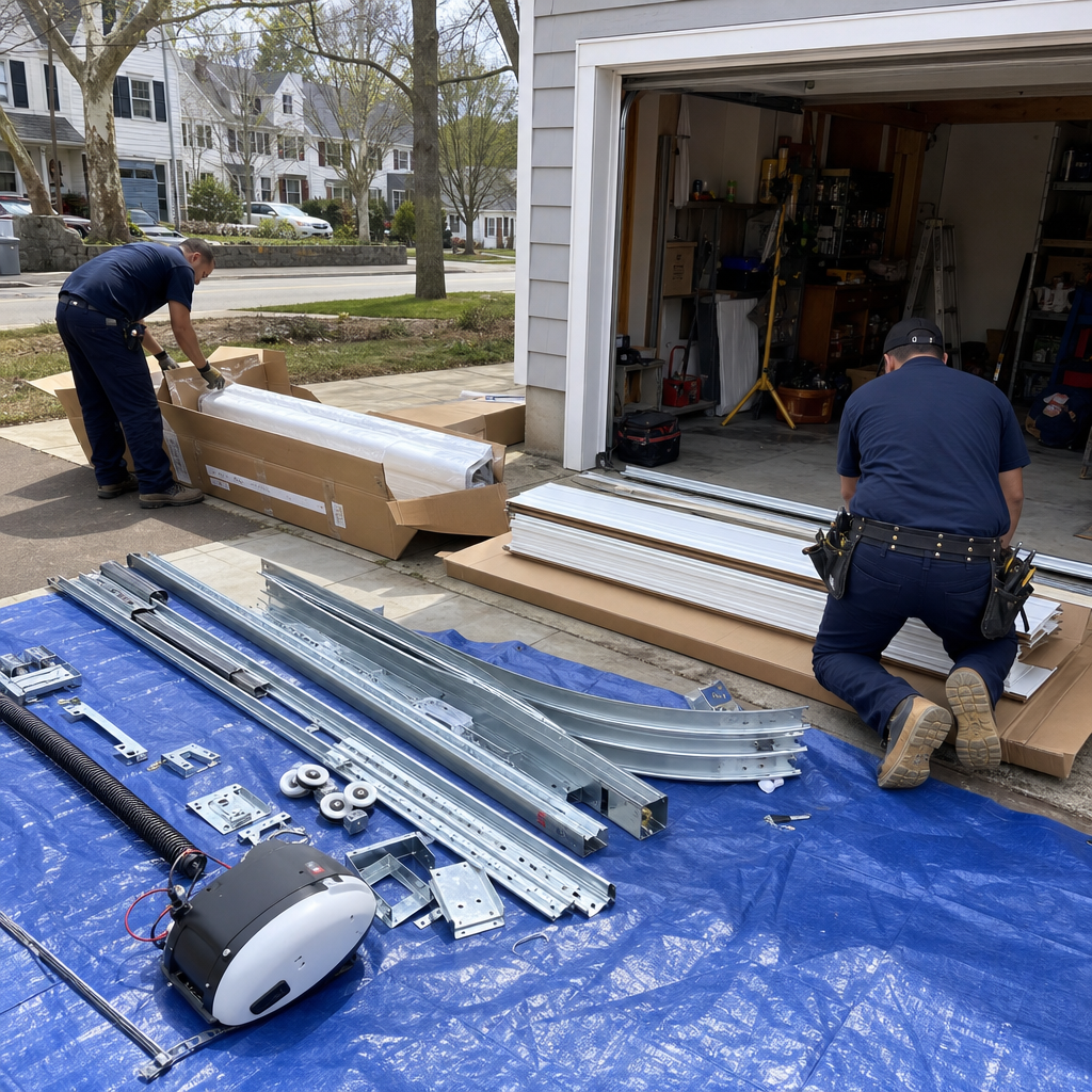 Technicians installing a new garage door with parts laid out on a tarp.
