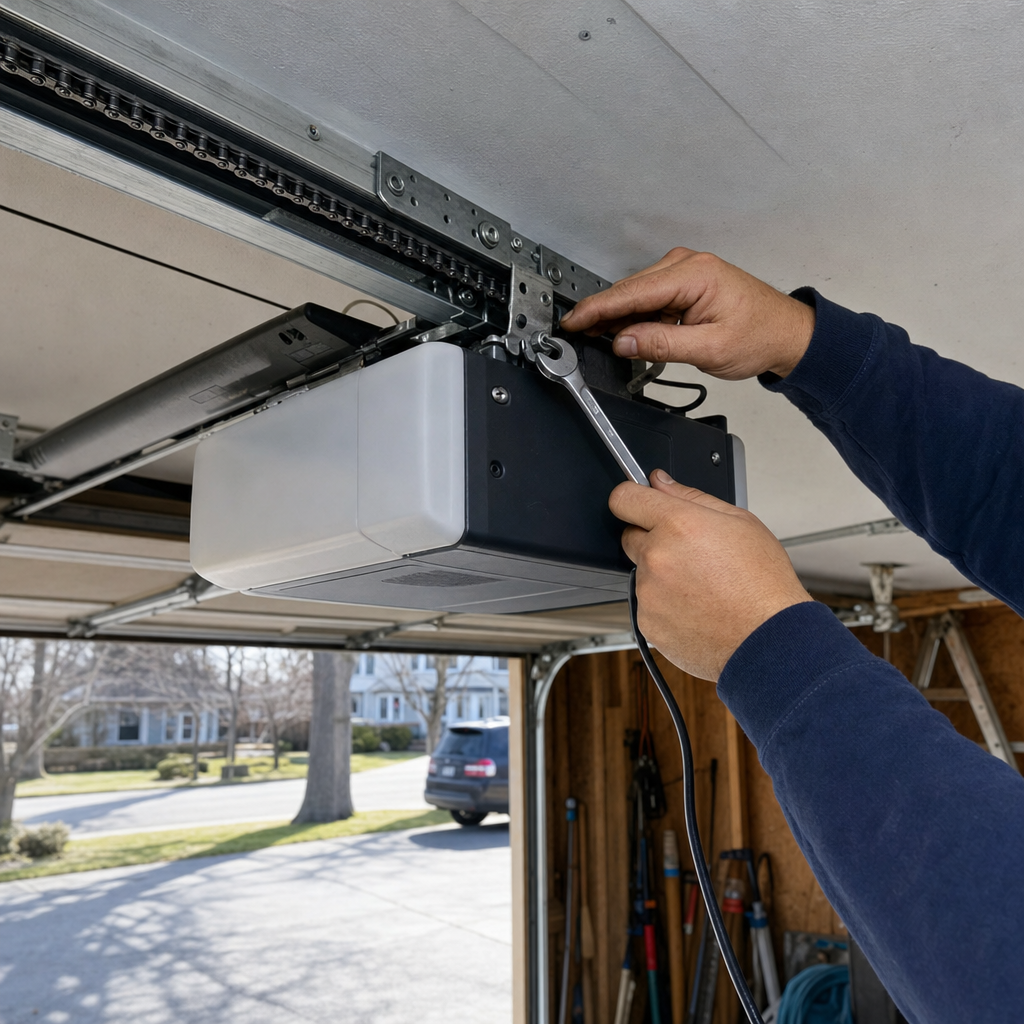 Technician using a wrench to repair a garage door opener motor