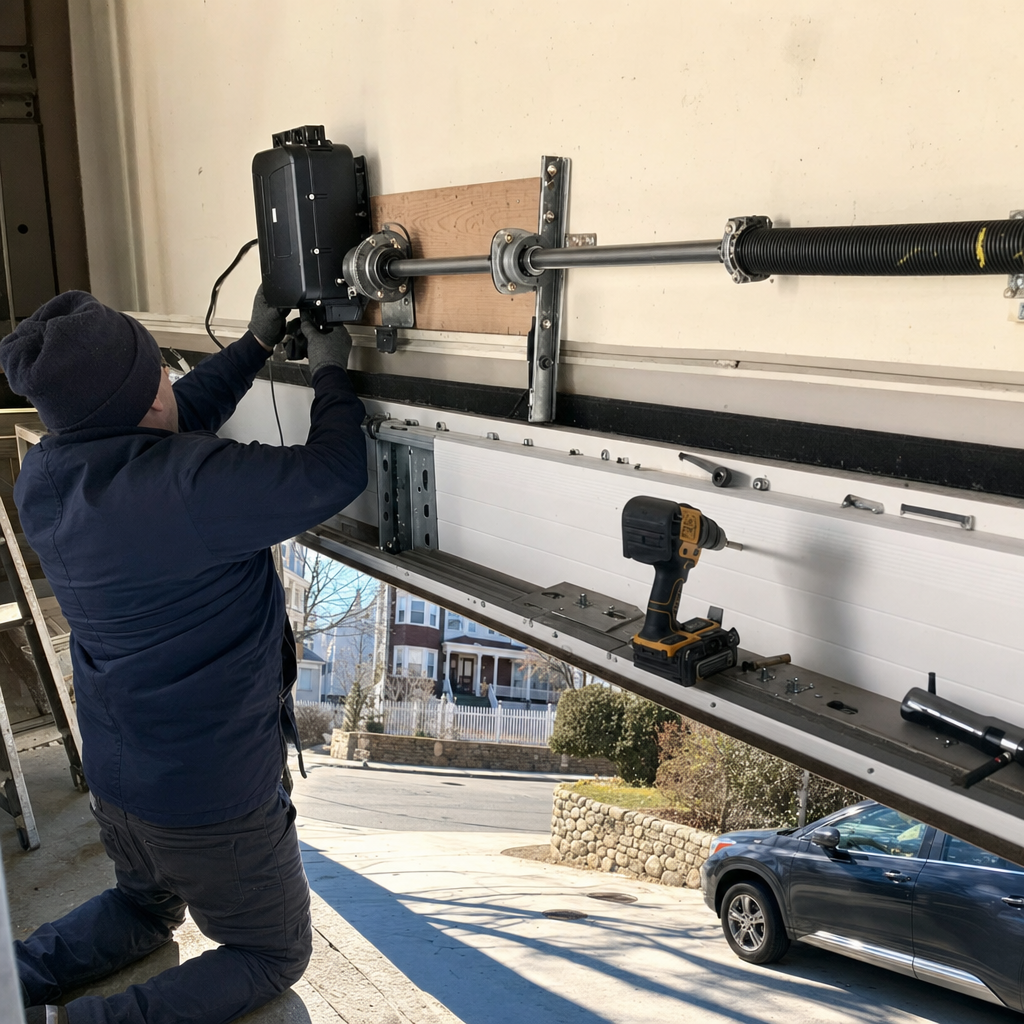 Technician performing professional garage door opener installation on residential door