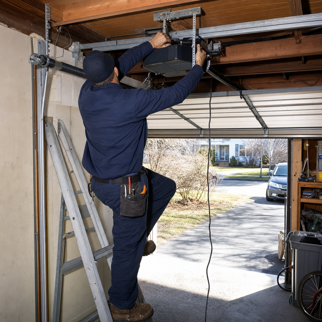 Technician repairing a garage door opener motor on the ceiling
