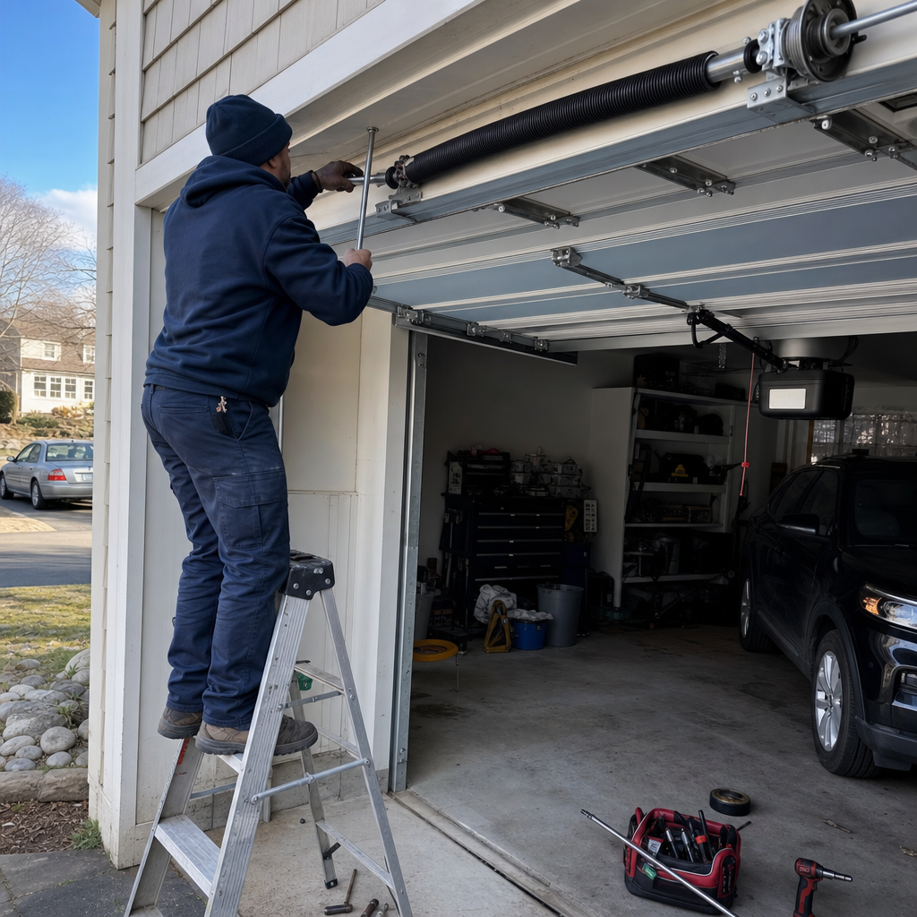 Technician performing professional garage door spring repair on a residential door