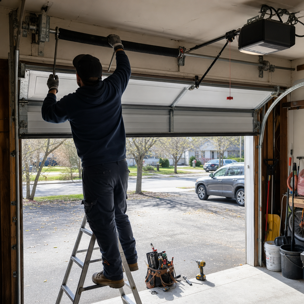 Technician performing garage door torsion spring repair on a ladder