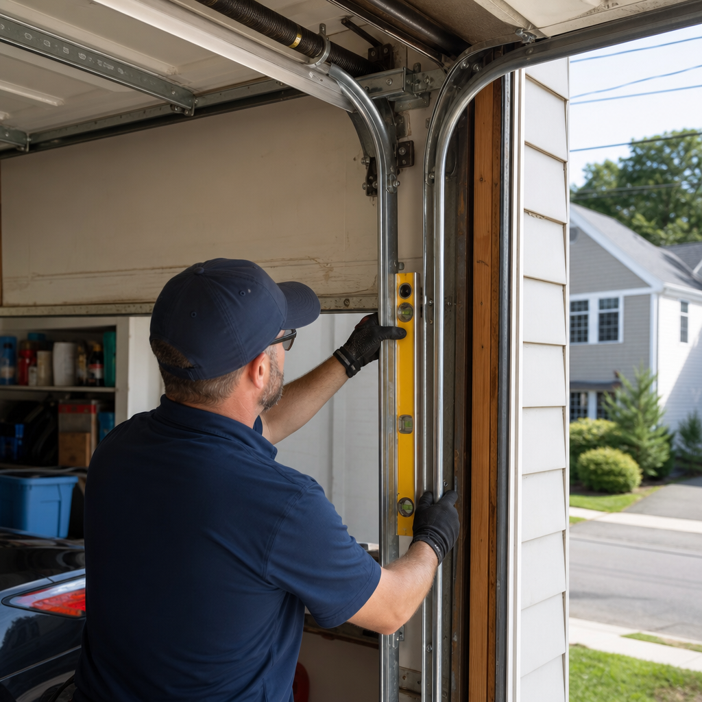 Technician using a level to inspect a garage door track